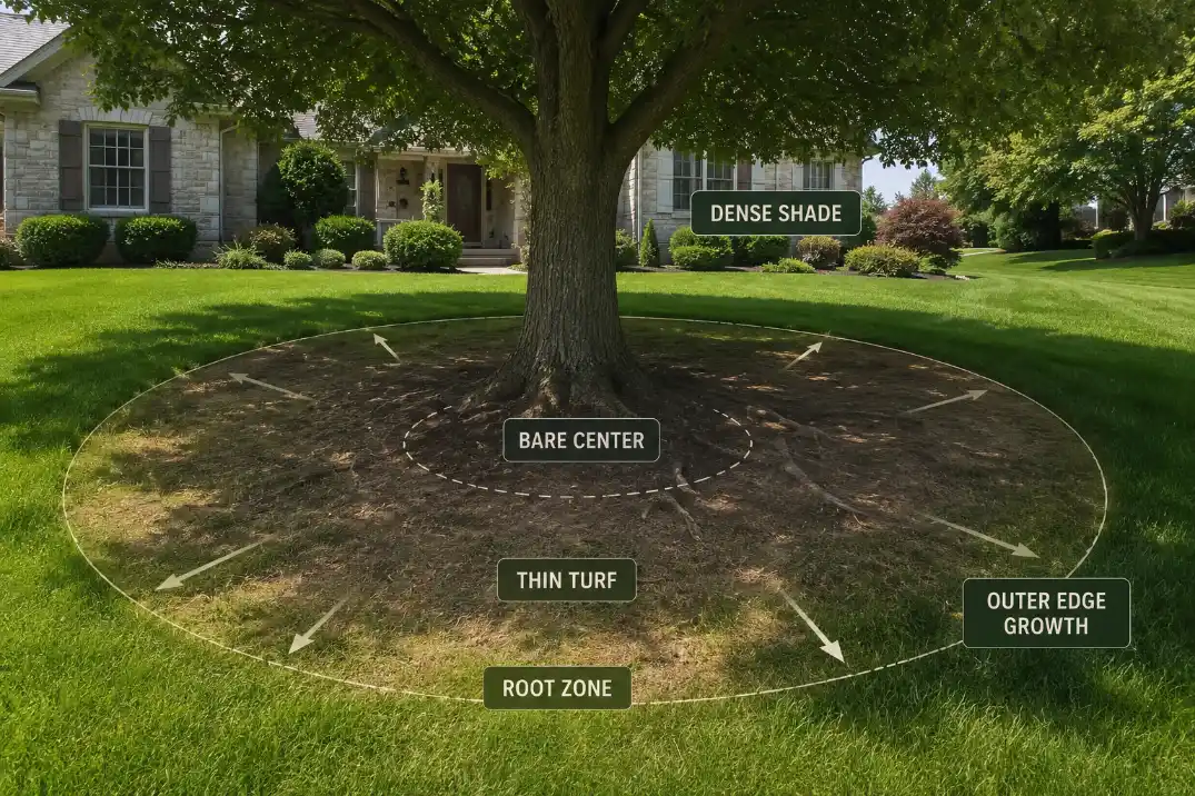 Diagnostic map showing thin turf, bare center, outer edge growth, dense shade, and root zone under a front yard tree.
