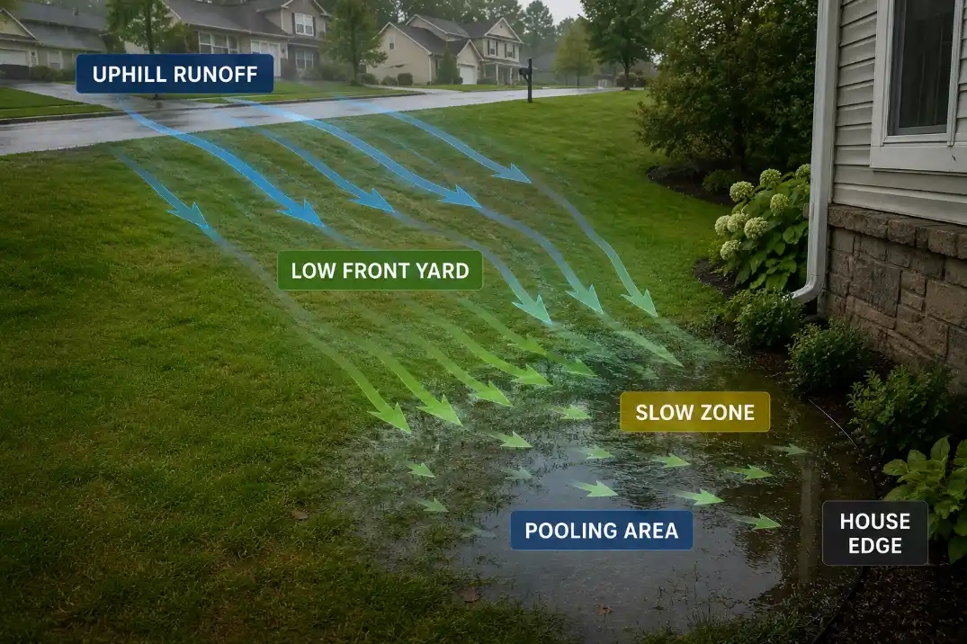 Runoff pressure map showing uphill water slowing and pooling in a low front yard near the house edge.