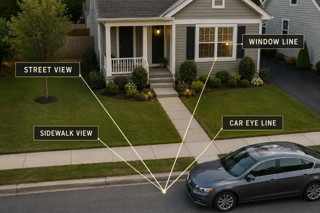 Diagnostic view paths from the street, sidewalk, and car position toward a front window facing a busy road.