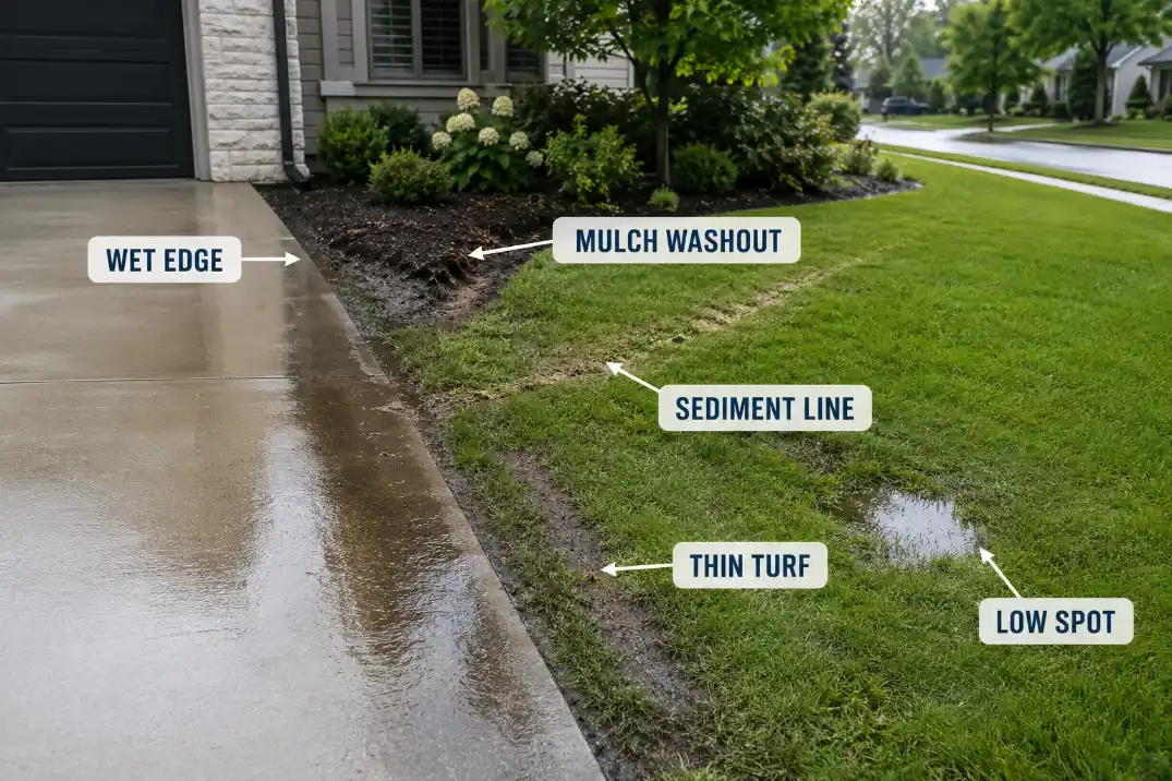 Driveway runoff symptoms showing wet lawn edge, mulch washout, sediment line, thin turf, and low spot.