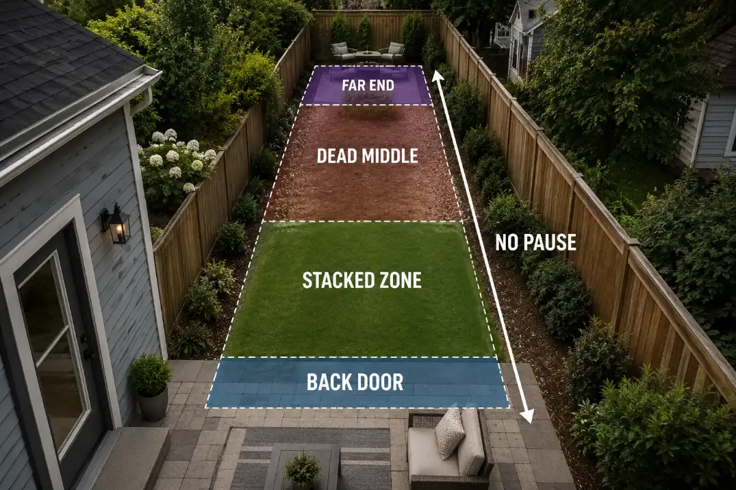 Long narrow backyard map showing stacked zones from the back door to the far end with no pause in the middle.