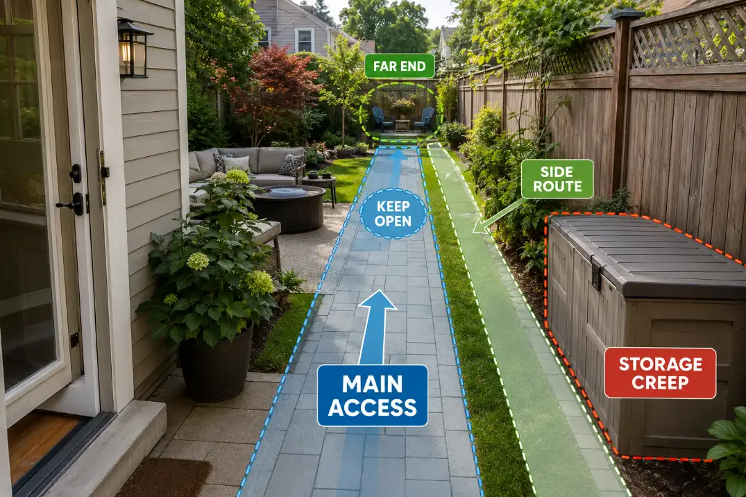 Backyard access route map showing storage creep and a main path overloaded by daily movement.