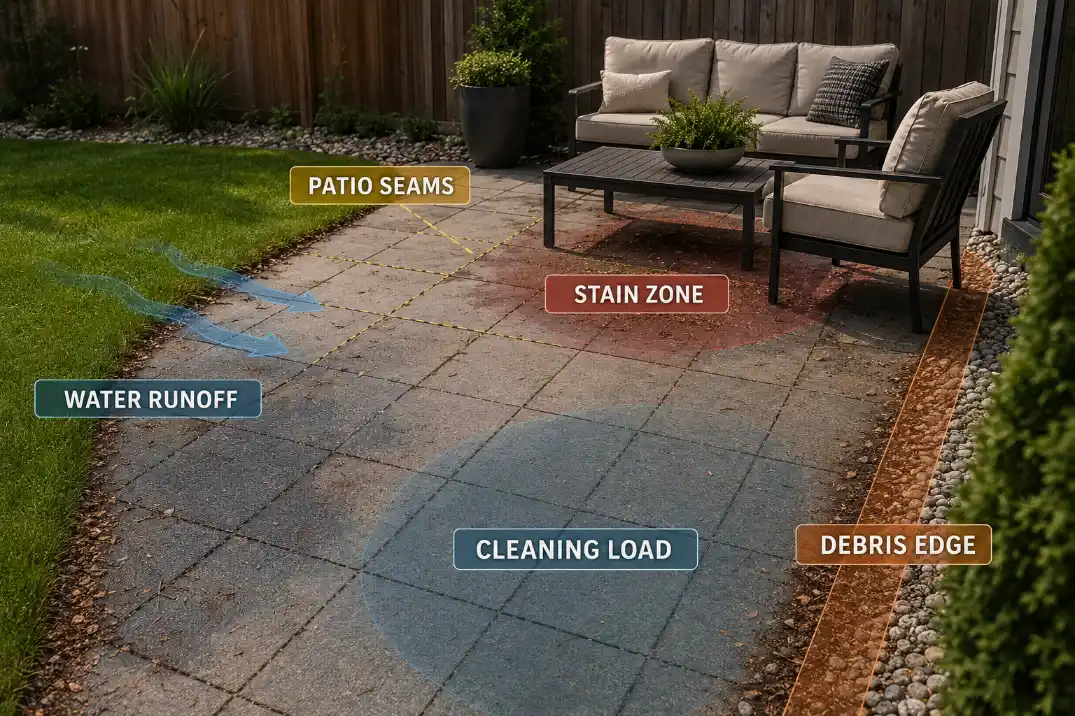 Backyard patio overlay showing seams, runoff, stains, debris edges, and cleaning load created by hardscape.