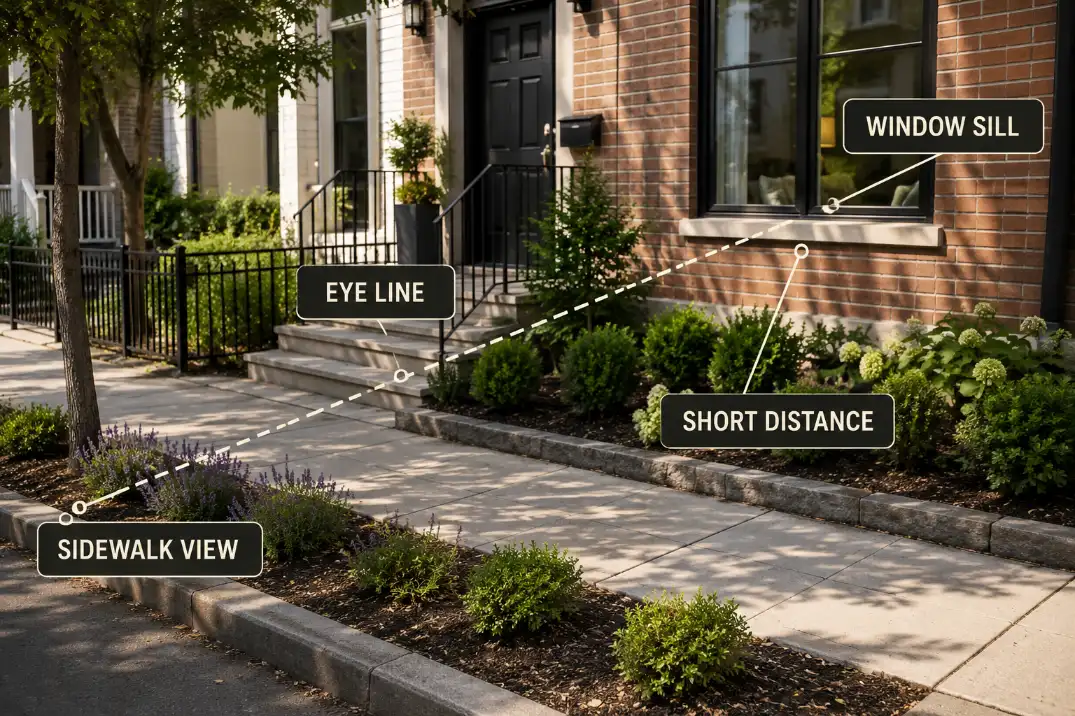 Diagram-style front yard image showing a short sidewalk view line from pedestrian eye level to a low window sill.