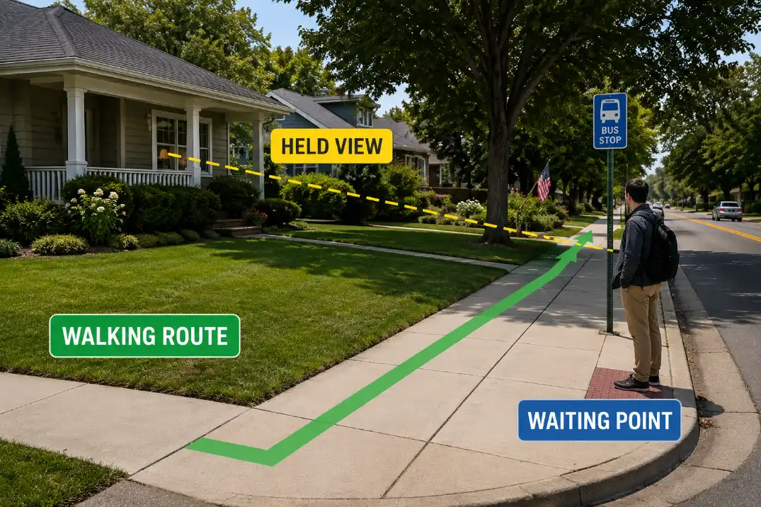 Front yard diagram showing the difference between a walking route, a waiting point, and a held view toward the house.
