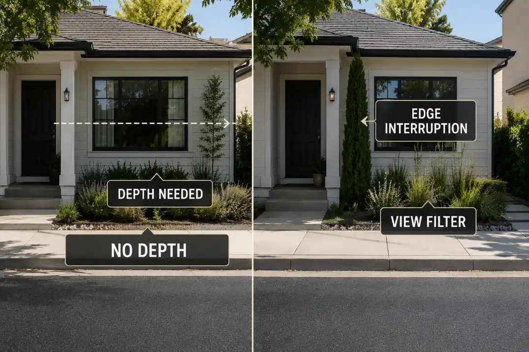 Split comparison showing why depth-based planting fails in a no-setback front yard and edge interruption filters the view.
