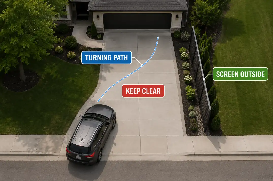 Overhead driveway layout showing the turning path kept clear while a privacy screen sits outside the vehicle route.