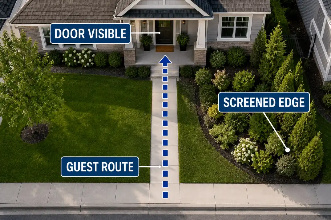 Overhead layout of front yard privacy screening placed beside a clear guest route to the visible front door.