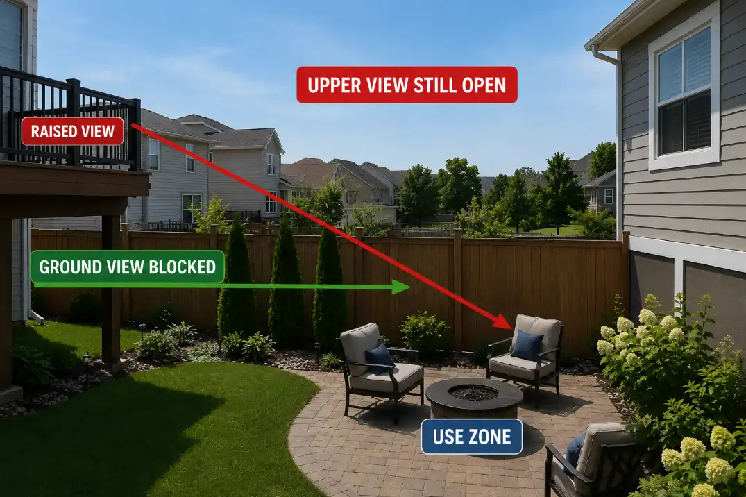 Ground-level privacy screen blocking one view while an elevated neighbor view remains open.