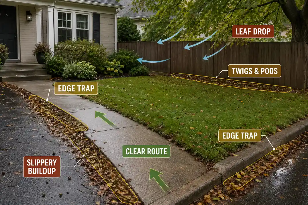 Front yard diagram showing leaf drop, twigs, seed pods, edge traps, and slippery buildup from a neighbor tree.