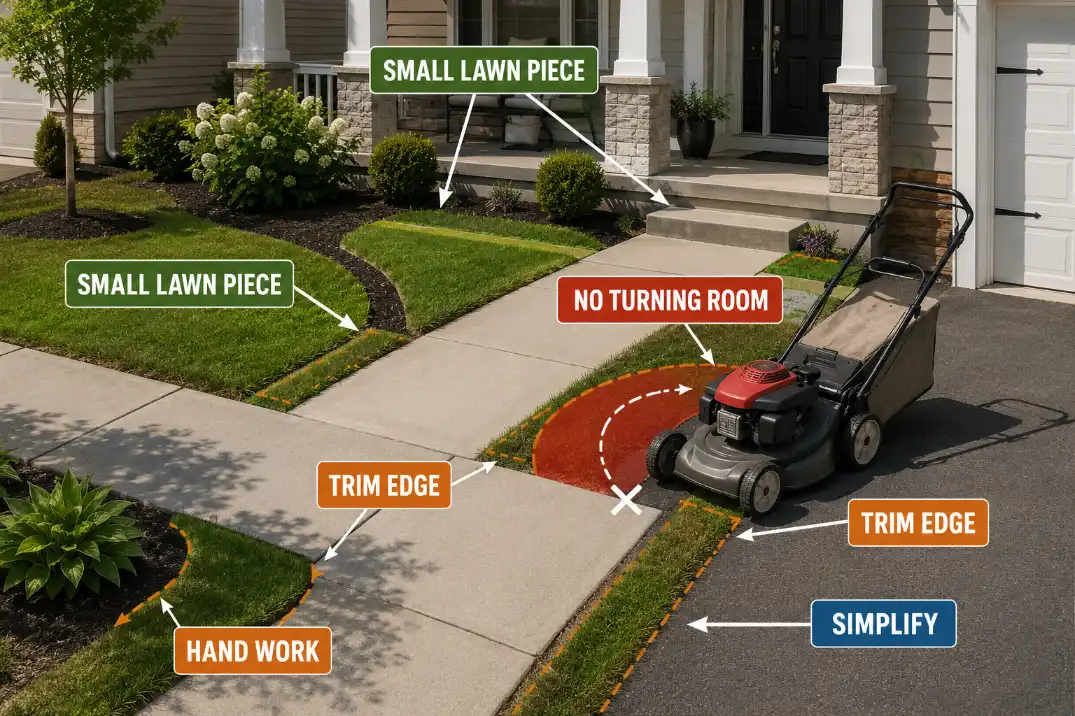 Small front yard lawn fragments showing no turning room, extra trim edges, and hand-work pressure.