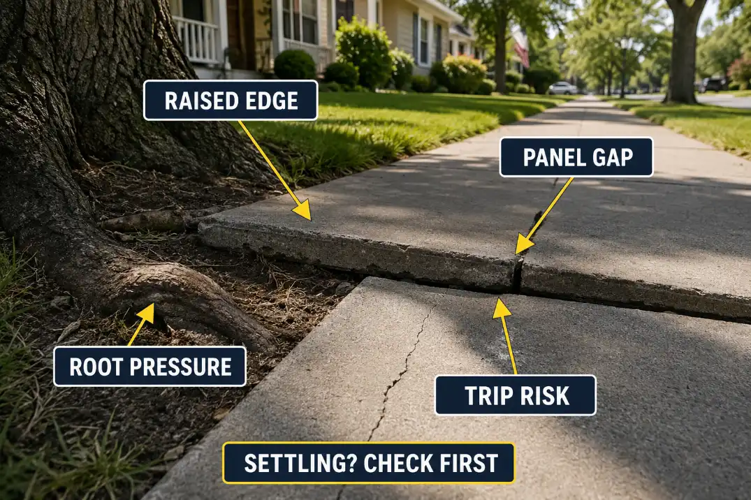 Lifted sidewalk panel diagram showing raised edge, panel gap, root pressure, and trip risk.