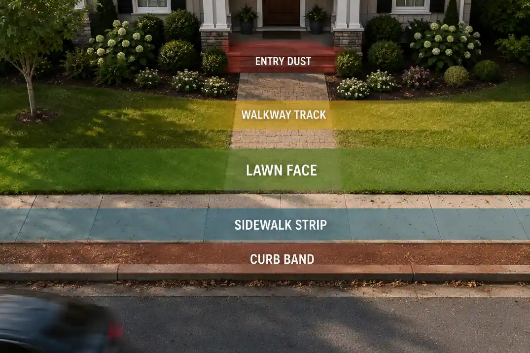 Front yard pressure band map showing curb, sidewalk strip, lawn, walkway, and entry dust zones near a road.