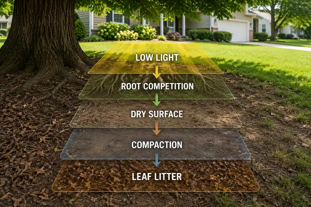 Cause stack diagram showing low light, root competition, dry surface, compaction, and leaf litter weakening grass under a shade tree.