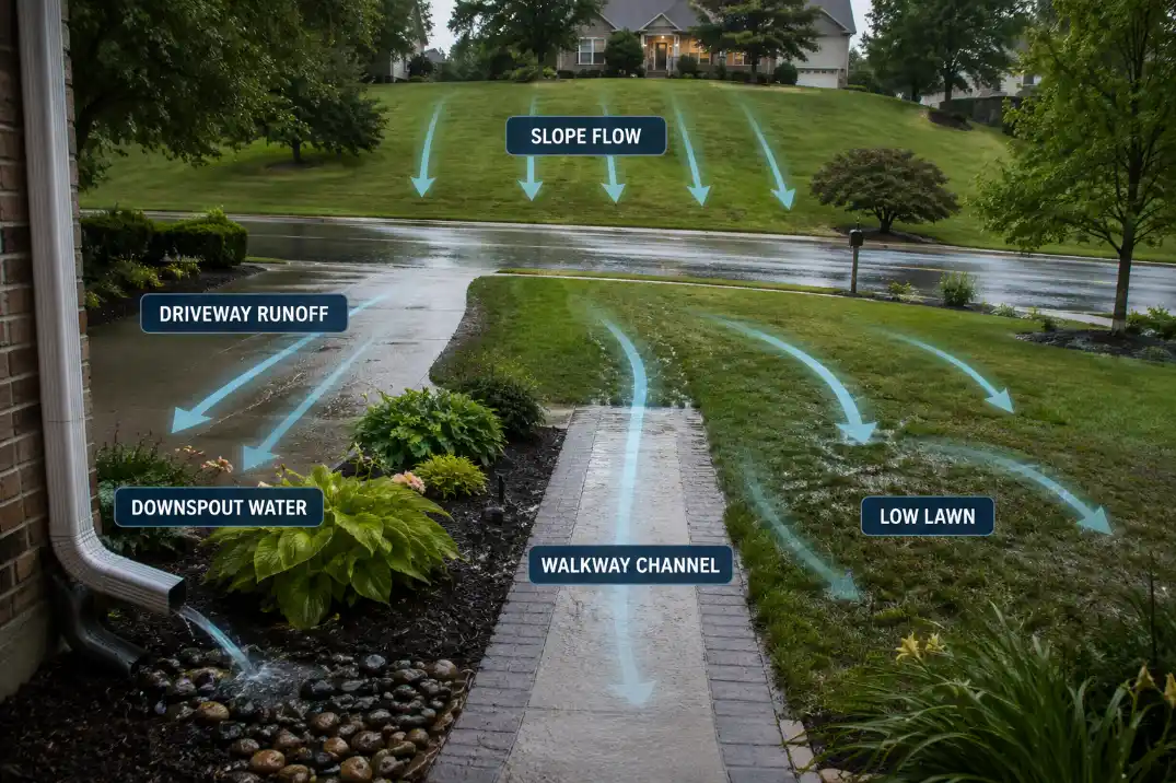 Front yard source map showing slope flow, driveway runoff, downspout water, and walkway channeling into a low lawn.