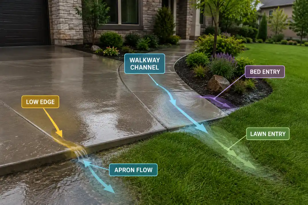 Driveway runoff entry points showing water moving from driveway edge, apron, walkway, bed, and lawn.