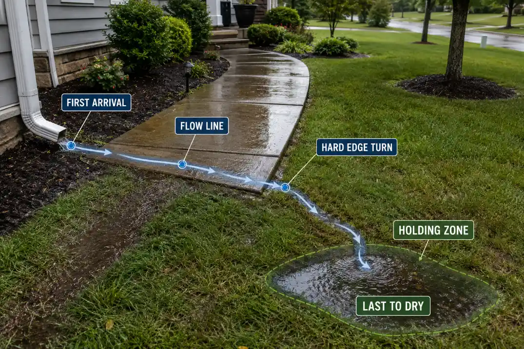 After-rain front yard drainage map showing downspout water following a walkway edge into a holding zone.