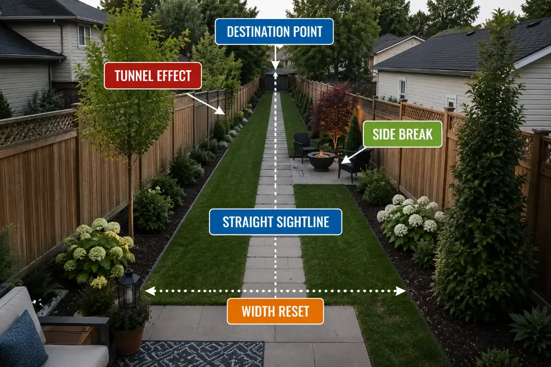 Long narrow backyard showing straight sightlines, tunnel effect, and a side break that helps reset the yard’s width.