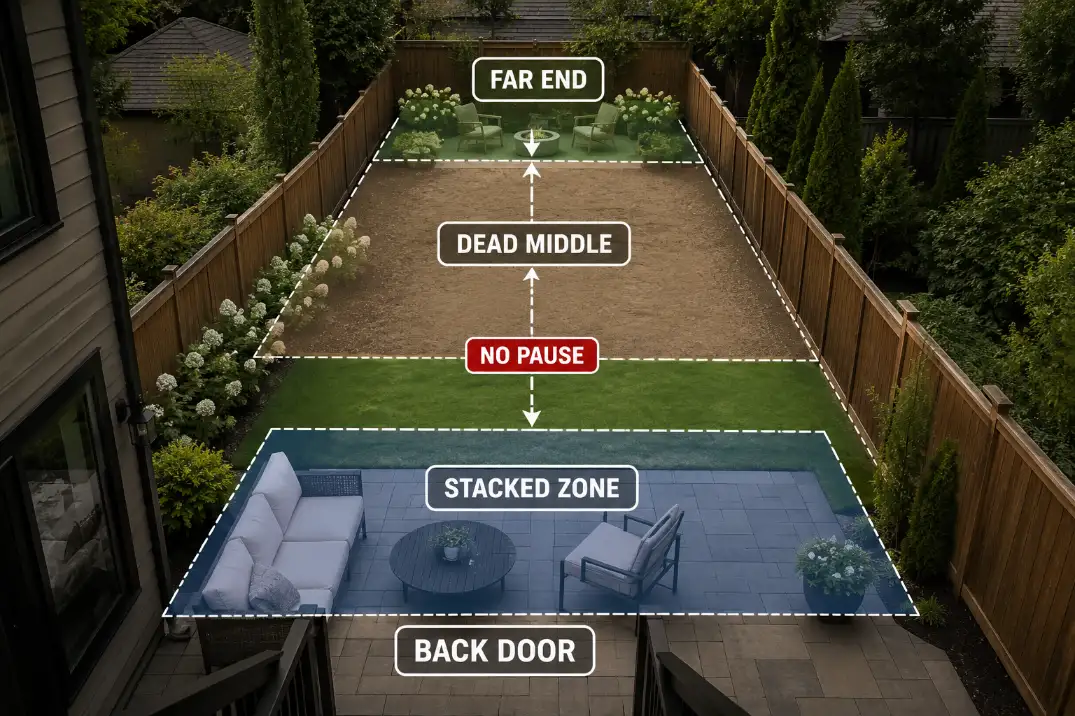 Long narrow backyard with stacked zones, a dead middle area, and no natural pause point.