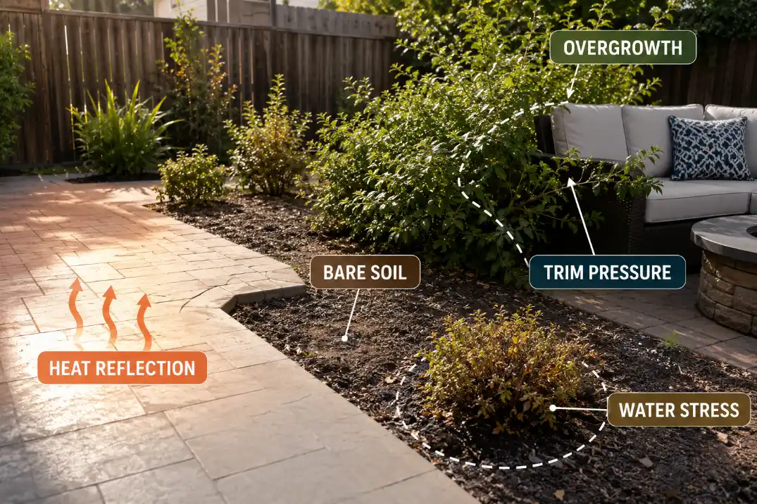 Backyard planting bed overlay showing heat reflection, bare soil, overgrowth, trimming pressure, and water stress.