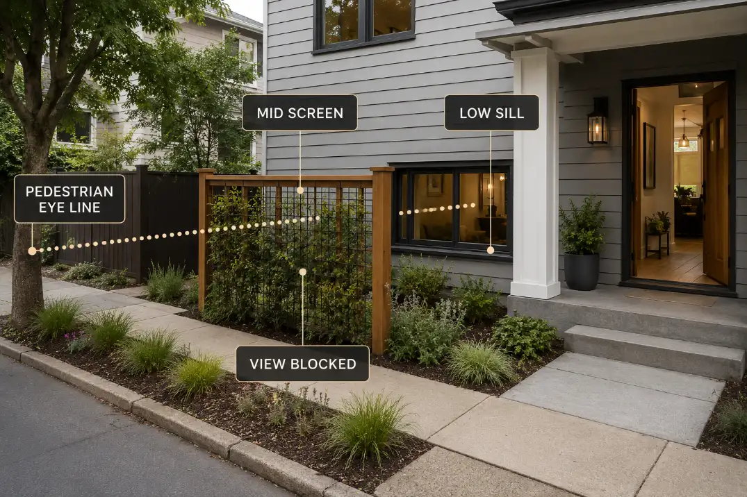 Mid-height front yard privacy screen blocking a pedestrian eye line from the sidewalk to a low window sill.