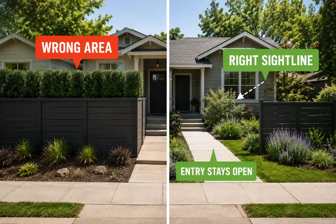 Comparison diagram showing a full front yard barrier versus a partial screen placed on the correct pedestrian sightline.