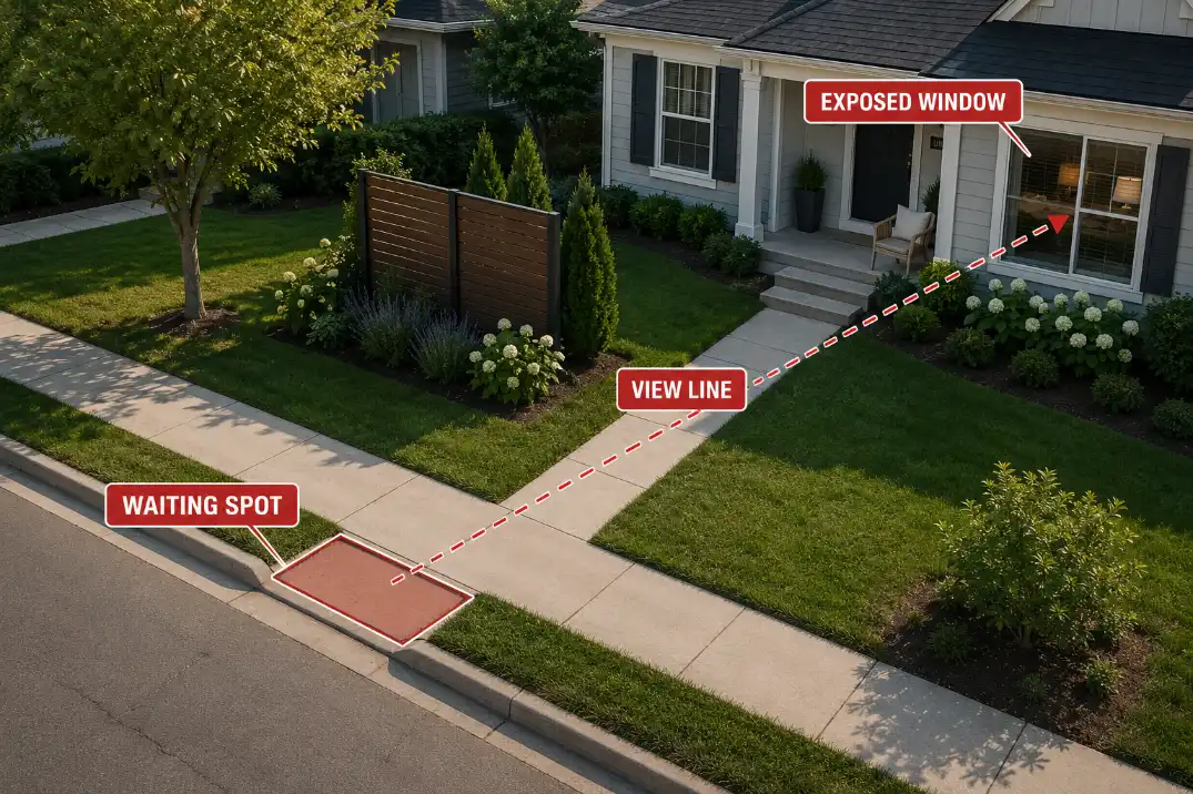 Overhead front yard layout showing a waiting spot, view line, and exposed window before choosing a privacy screen location.