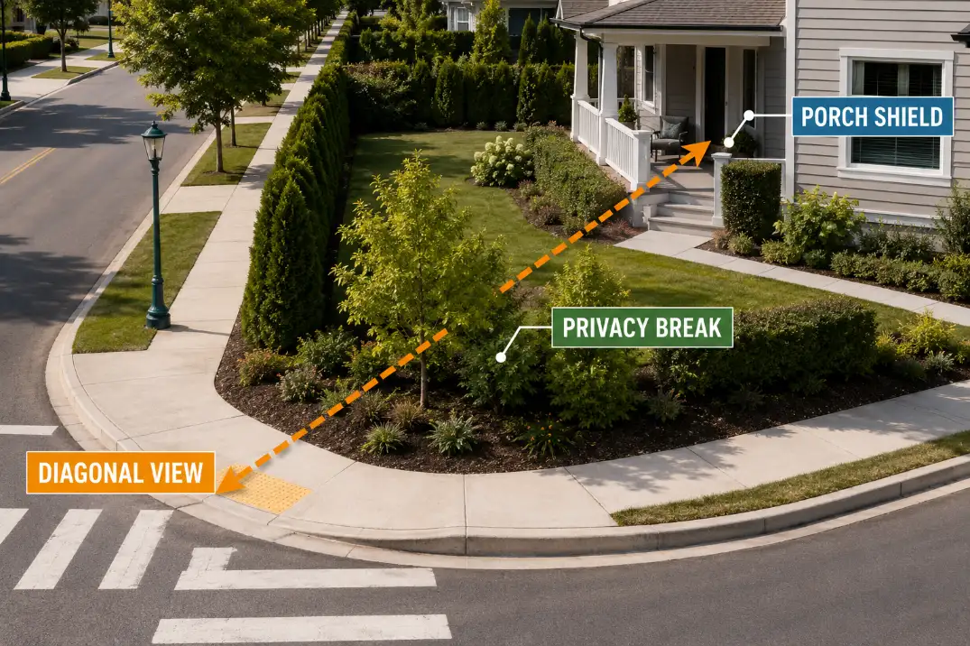 Corner-lot diagram showing an open curb corner with privacy placed behind it toward the porch and window.
