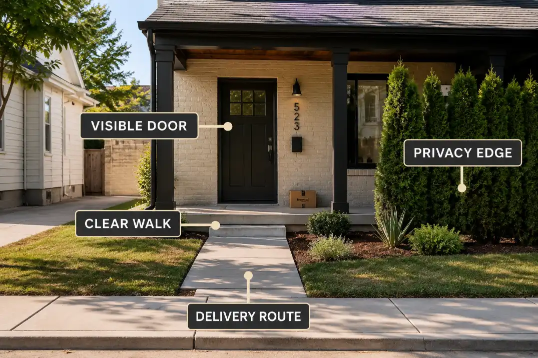 No-setback front entry with privacy edge beside the view line while the door, walkway, house number, and delivery route remain visible.