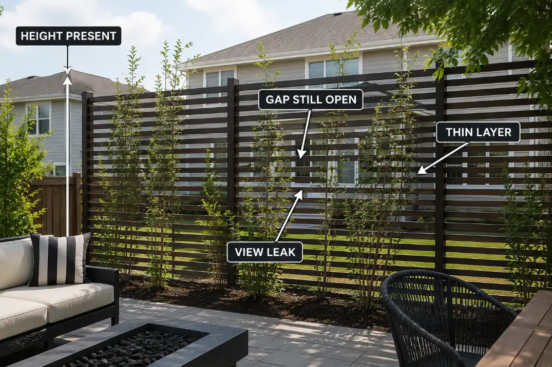 Tall backyard privacy layer leaking visibility through gaps in the screen and planting.