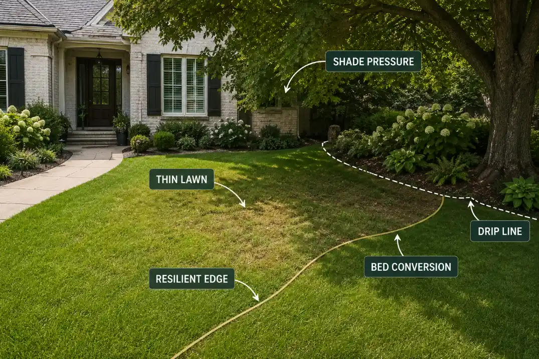 Front yard overlay showing neighbor tree shade pressure, thin lawn, drip line, and a possible bed conversion area.