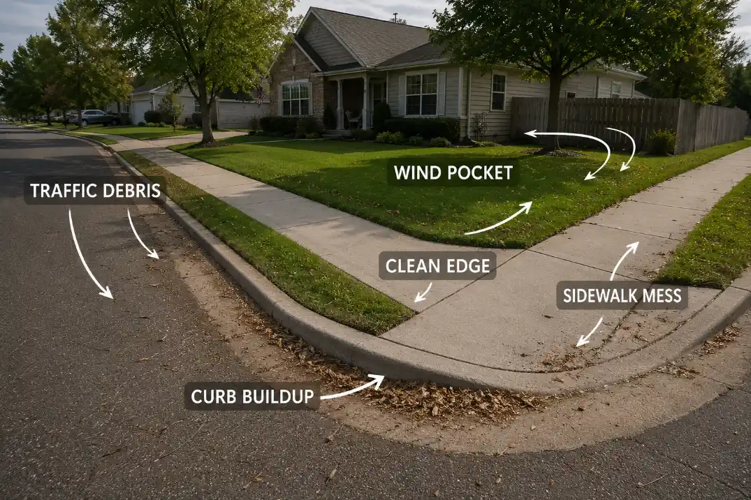 Corner lot front yard with traffic debris collecting along the curb, sidewalk, and public cleanup edge.