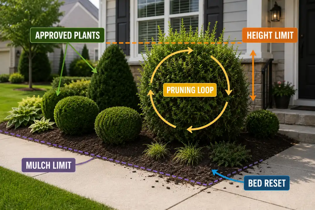 HOA planting bed diagram showing approved plants, height limits, pruning loops, mulch limits, and repeated bed reset areas.