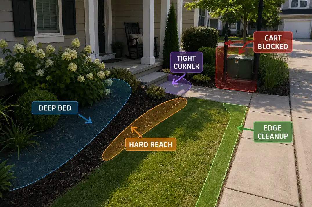 Front yard planting bed diagram showing deep bed reach problems, tight corners, edge cleanup, and blocked cart access.