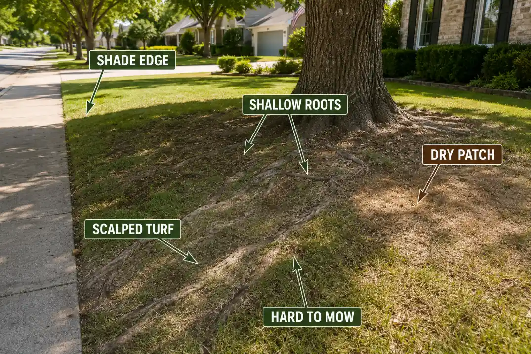 Front yard lawn failure zone showing shallow tree roots, dry patches, shade edge, and mower scalping.