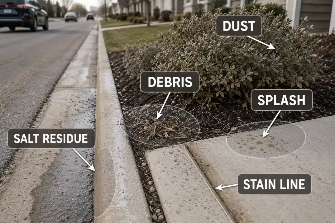 Close front yard curb zone showing dust, debris, splash marks, salt residue, and stain lines from road exposure.