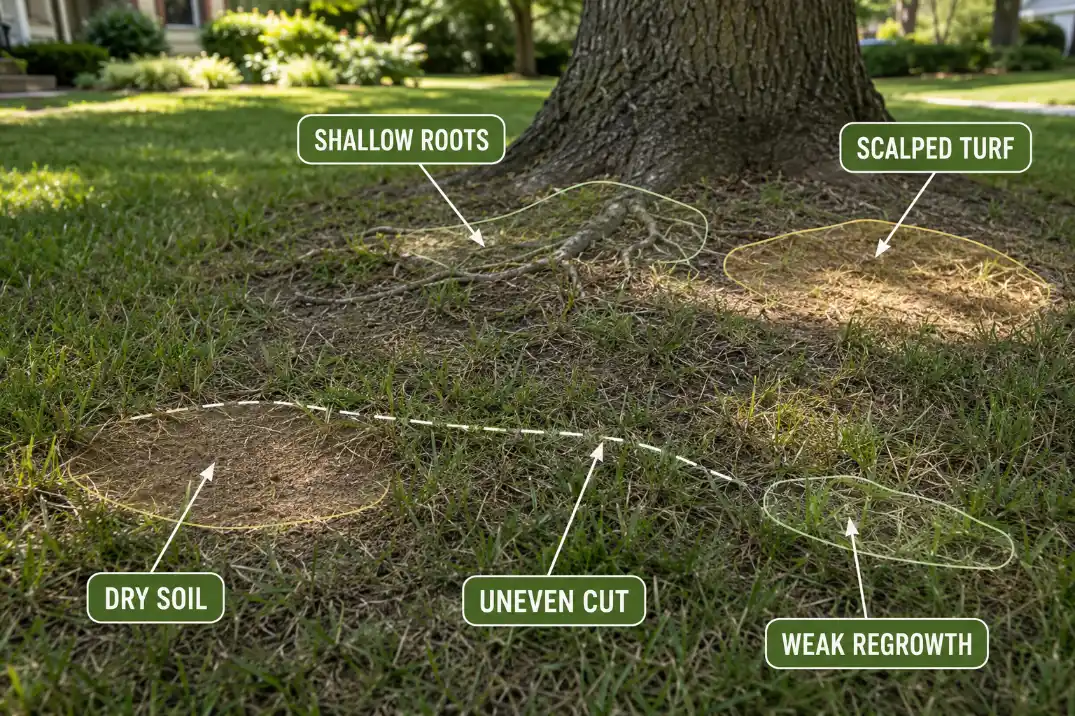 Close overlay showing shallow roots, scalped turf, dry soil, uneven cut, and weak regrowth under a front yard shade tree.