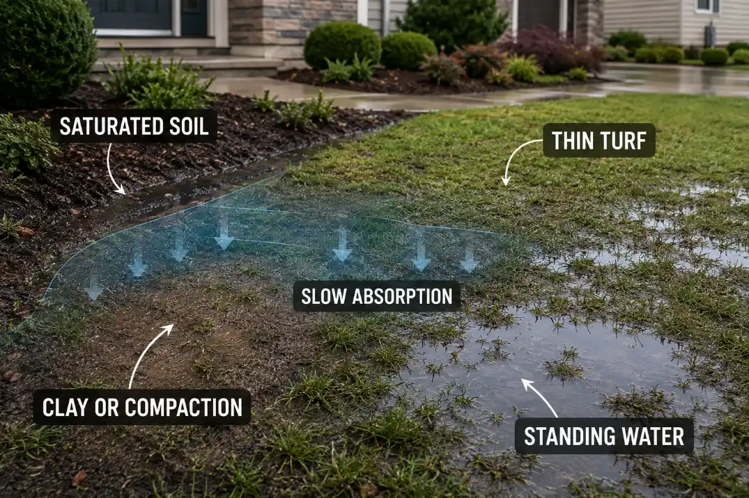 Low front yard soil saturation diagram showing compacted soil, thin turf, slow absorption, and standing water.
