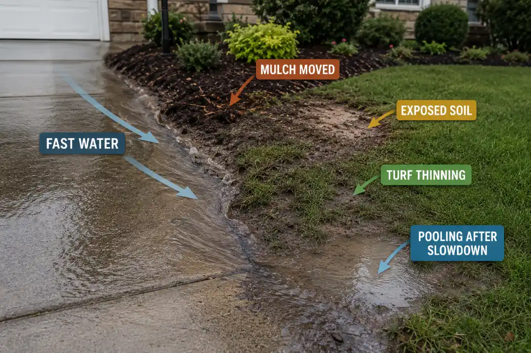 Close view of driveway runoff causing exposed soil, moved mulch, thinning turf, and pooling after slowdown.