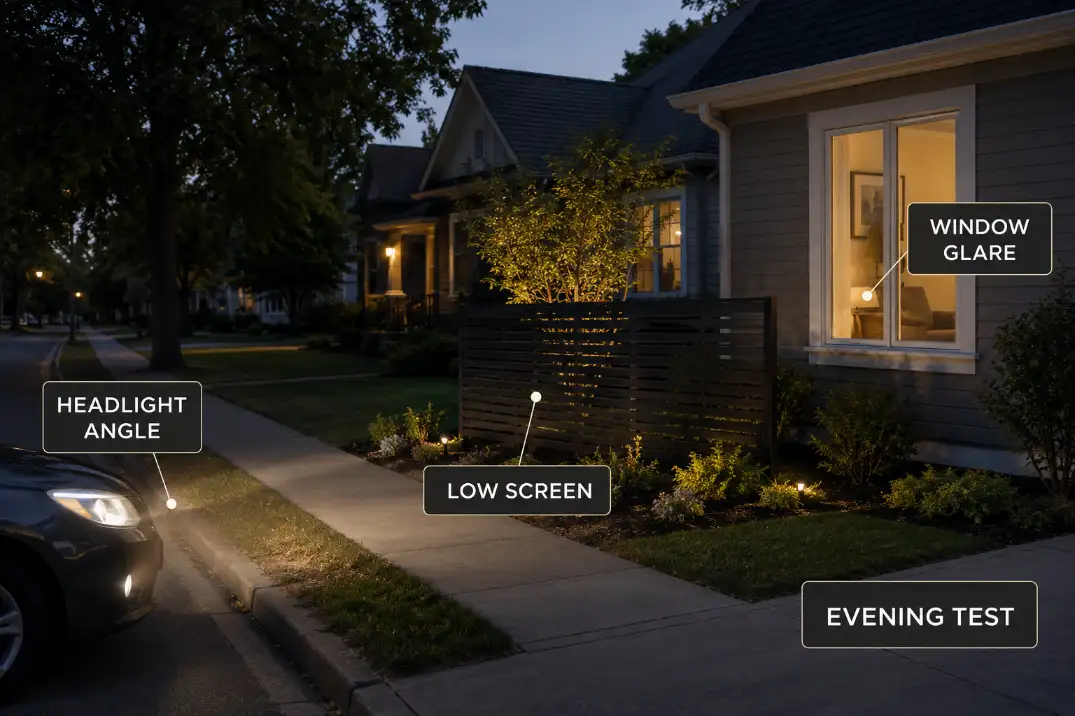 Evening headlight angle hitting a front window and a low screen interrupting the glare path.
