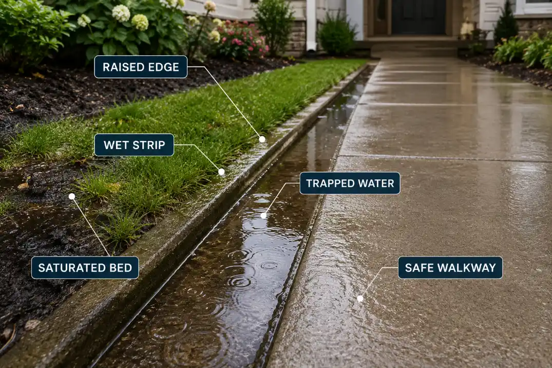 Raised front walkway edge trapping downspout water in a wet lawn strip and saturated planting bed.