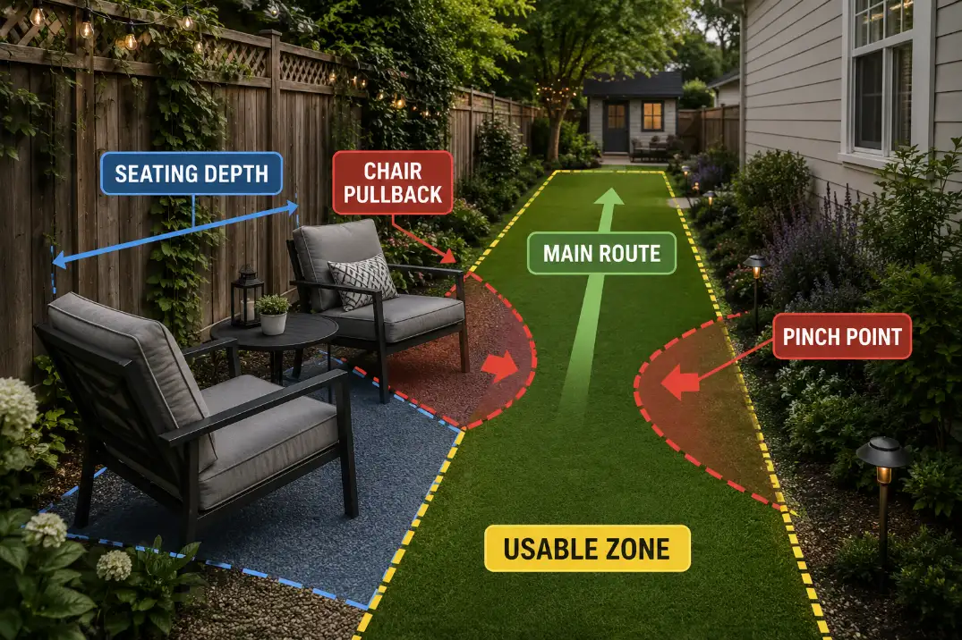Long narrow backyard seating area where chair pullback blocks the main route and reduces usable depth.