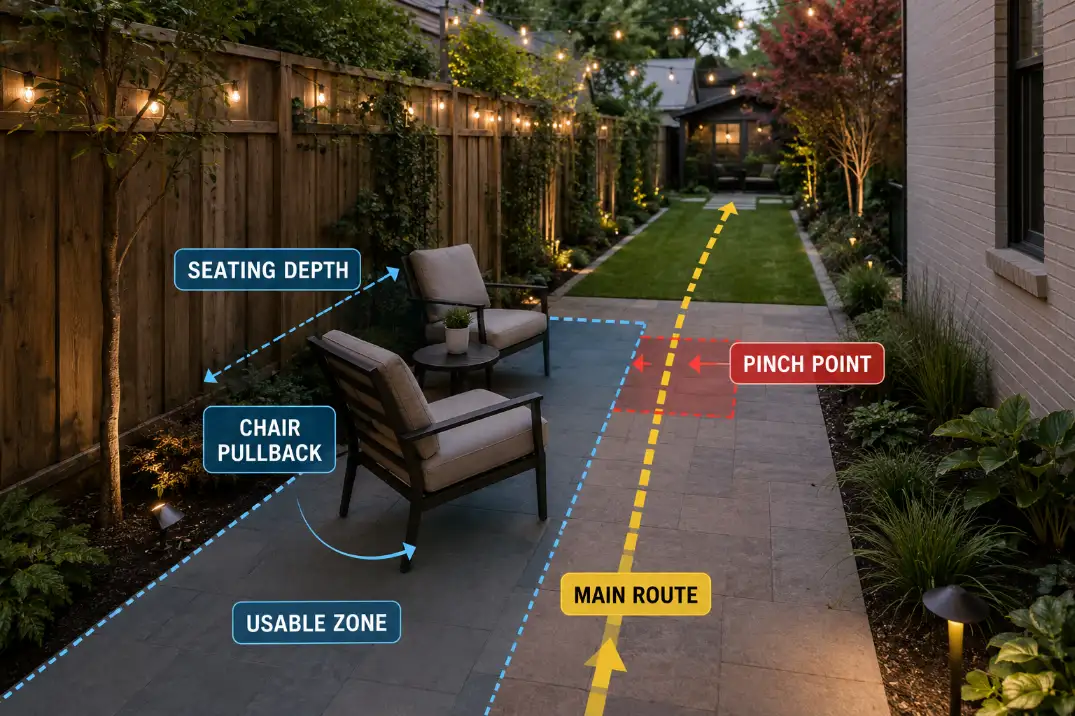 Backyard seating area showing chair pullback blocking the main route and reducing usable space.