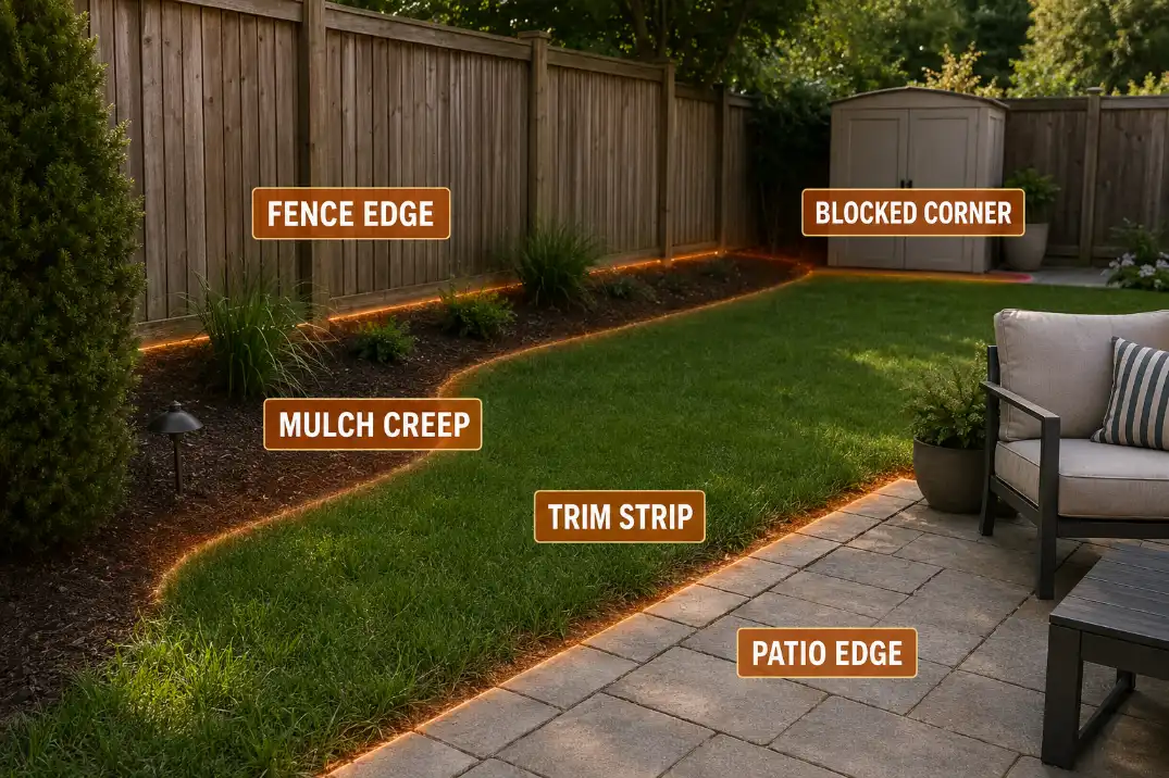 Backyard edge map showing fence edge, patio edge, trim strip, mulch creep, and blocked corner maintenance zones.