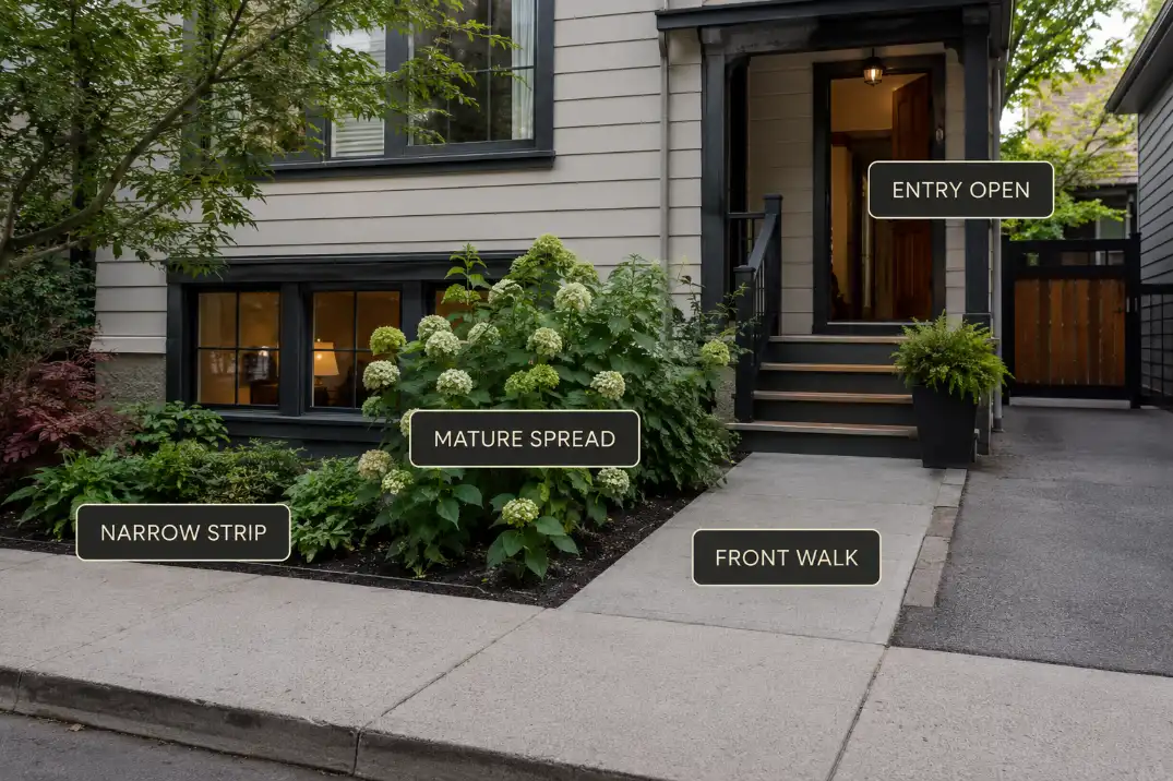 Narrow front yard planting strip showing privacy planting that keeps the front walk and entry open.