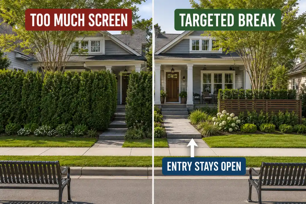 Comparison diagram showing an overbuilt front yard screen versus a targeted view break that keeps the entry open.