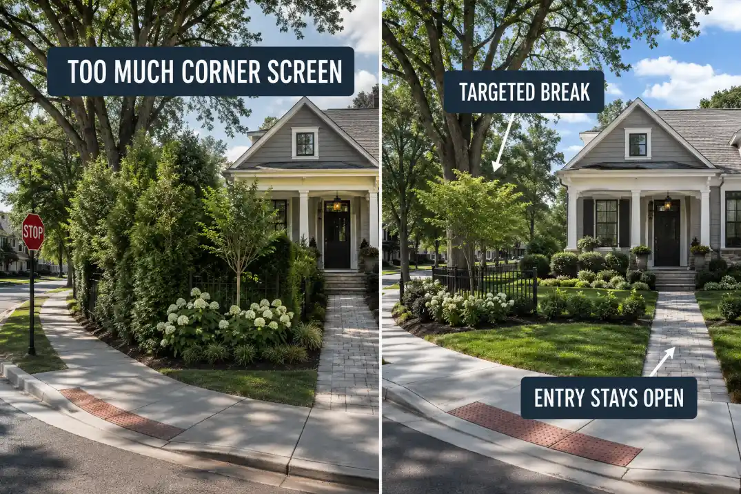 Comparison of an overbuilt corner privacy screen and a targeted front yard screen that keeps the entry open.