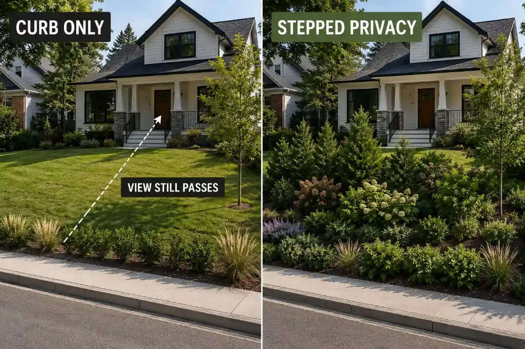 Comparison of curb-only screening versus stepped privacy planting on a front yard that slopes down toward the street.