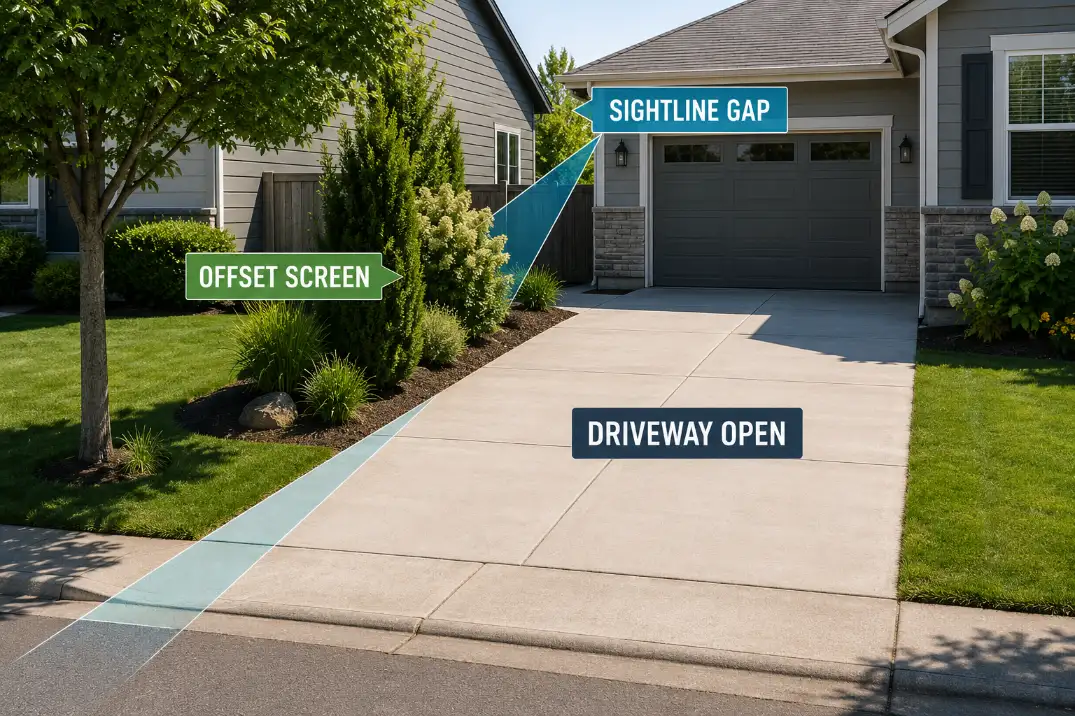 Open driveway with an offset privacy screen interrupting a narrow sightline gap while keeping the driveway clear.
