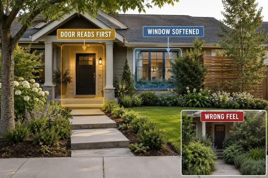 Welcoming front yard privacy with visible entry, softened window view, and layered shrubs